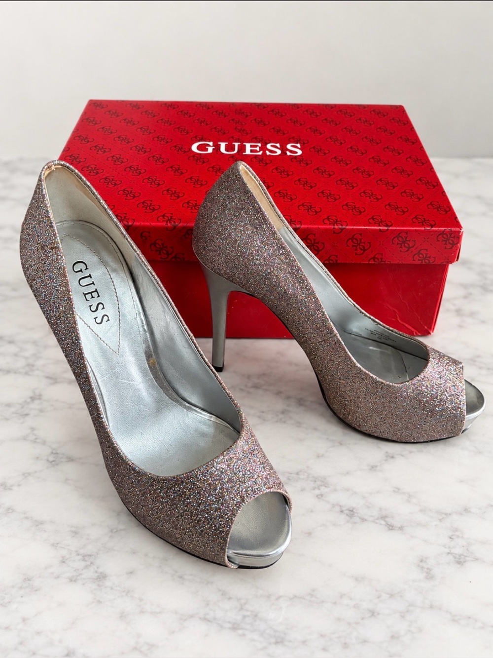GUESS Patches Silver Multi Glitter Peep Toe Platform Stiletto Heels 8M